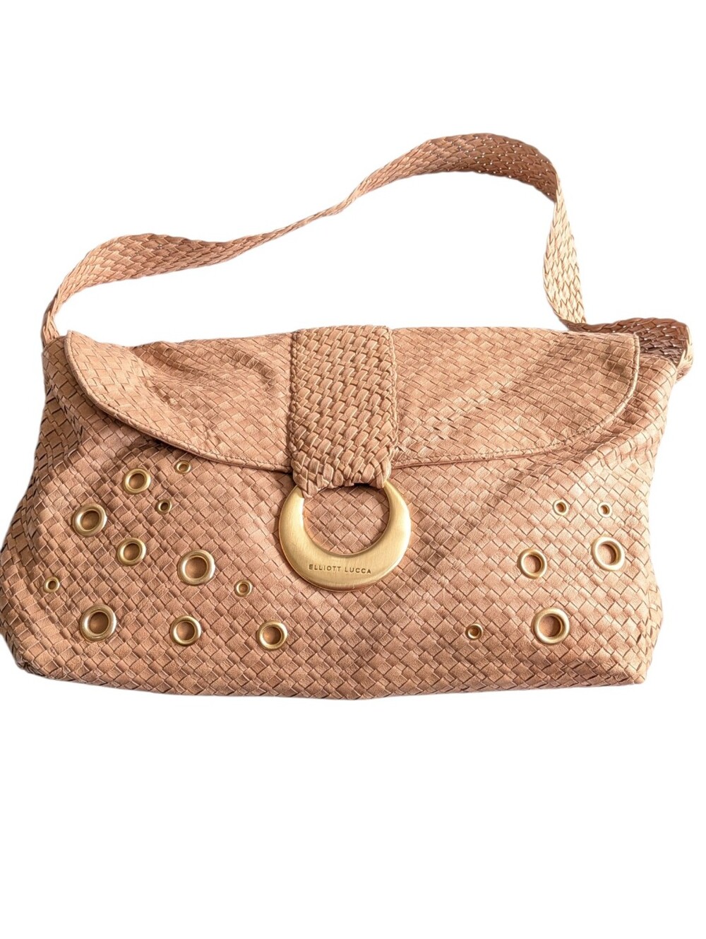 Elliott Lucca Tan Woven Leather Hobo Bag with Gold Hardware Y2k Boho Western